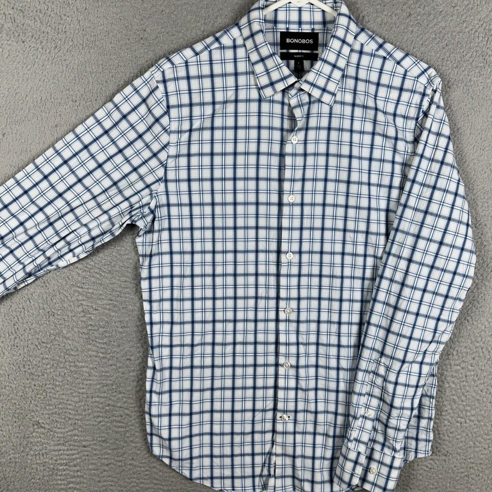 Bonobos Shirt Mens Large Blue White Tailored‎ Fit Button Up Plaid Casual Stretch